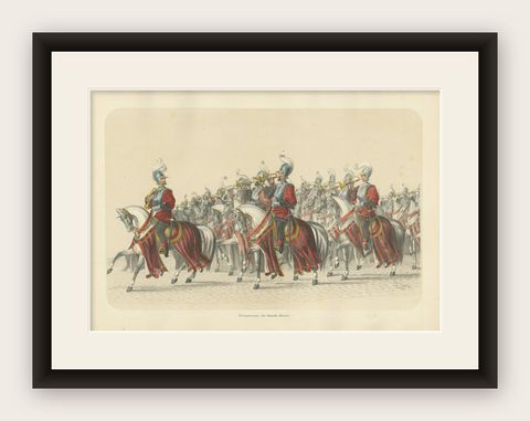 Resplendent Cavalry Fanfare, Trumpet Corps of the Swiss States’ Escort in 1853, shown framed