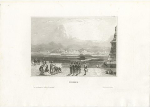 Messina in Sicily, Antique Harbor View with Soldiers, Engraving, circa 1850, view 2