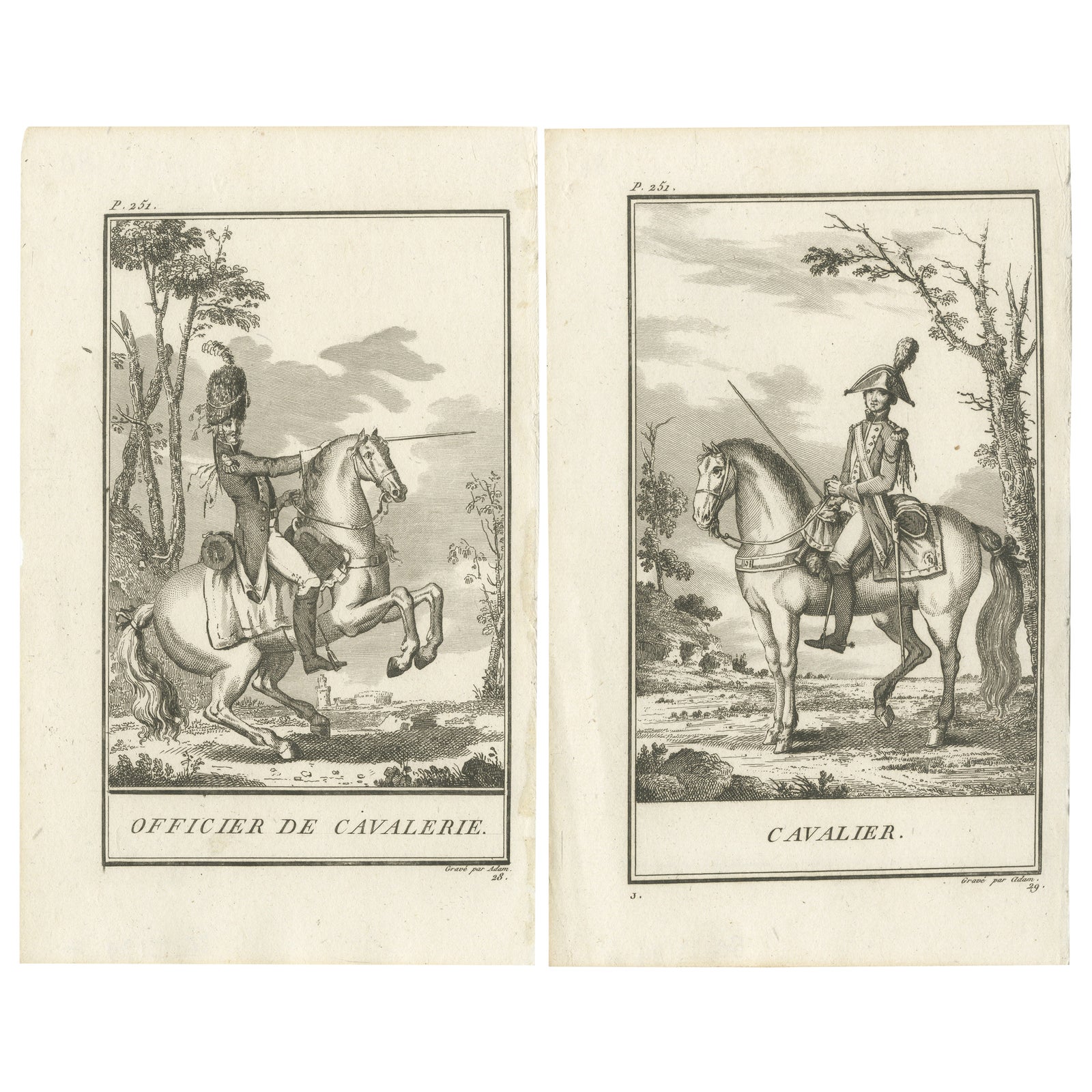 Set of 2 Antique Horse Riding Prints, Cavalry Officer, Cavalry Soldier