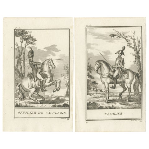 Set of 2 Antique Horse Riding Prints, Cavalry Officer, Cavalry Soldier