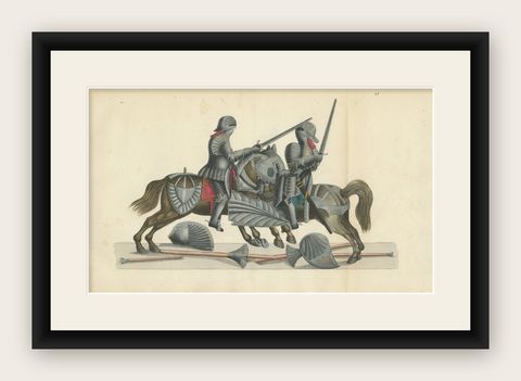 Hand-Coloured Lithograph of Knights in Aftermath of a Broken Lance Duel, 1842, shown framed