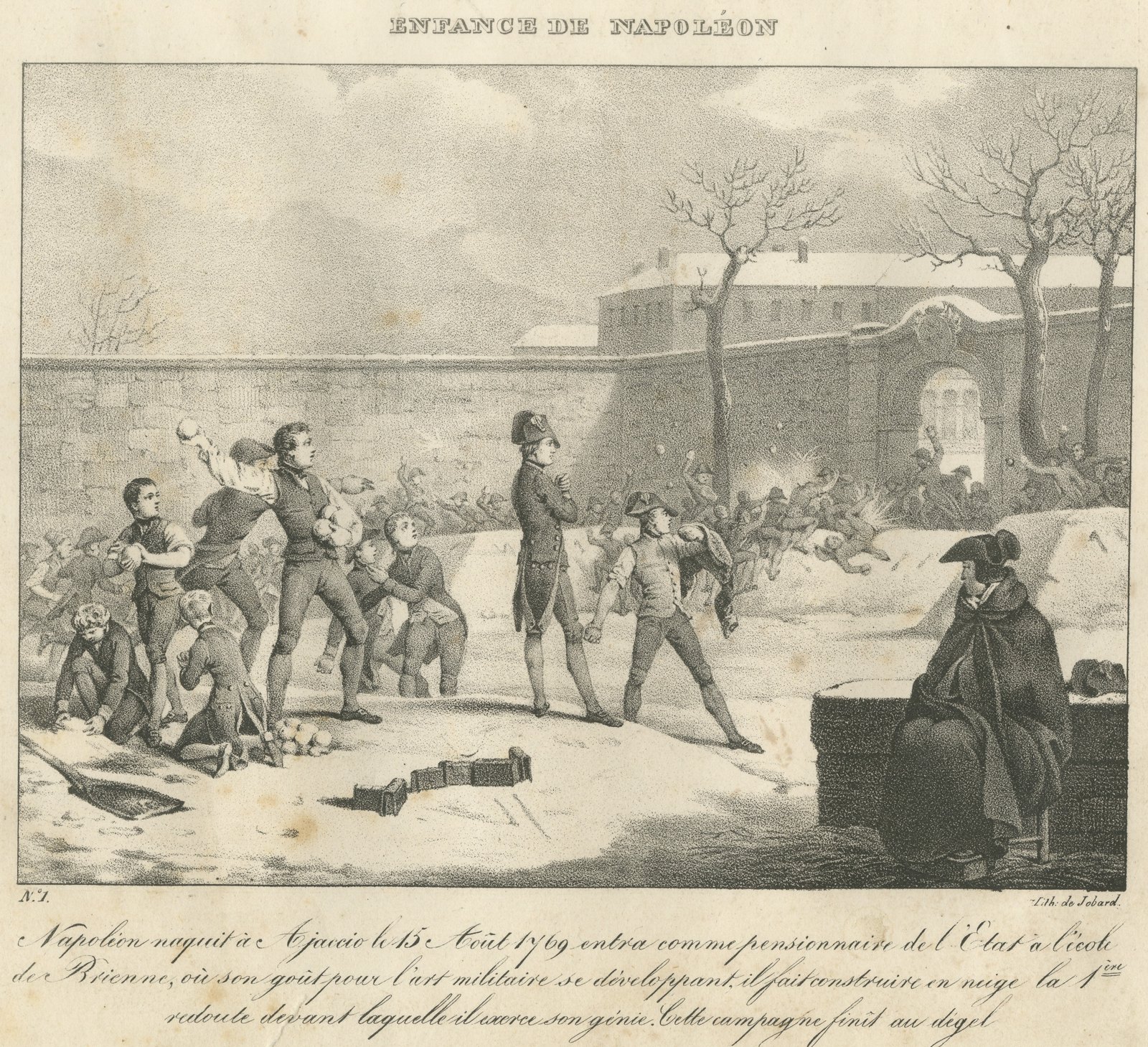 Napoleon's Snow Fort at Brienne, Antique Madou Lithograph, 1827