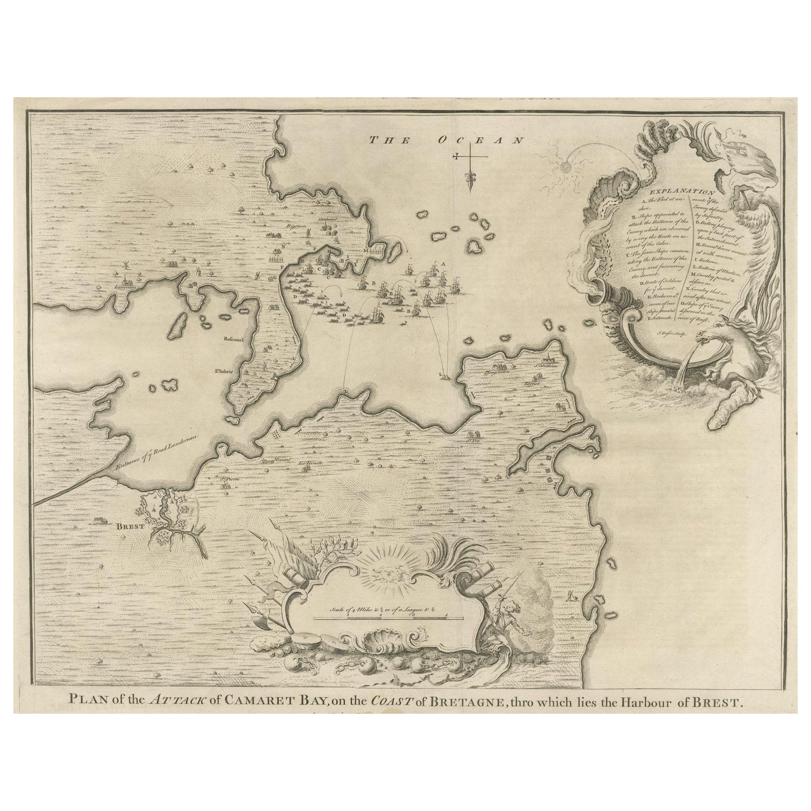 Antique Print of the Battle of Camaret in the Nine Years War, Near Brest, France