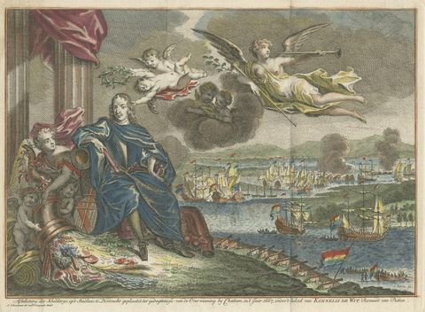 Old Engraving of the Battle of Chatham or Raid on Medway on the Thames, England, close-up 1