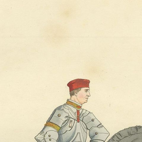 Antique Print of a Cavalry Soldier, Italy, 15th Century, by Bonnard, 1860, close-up 1