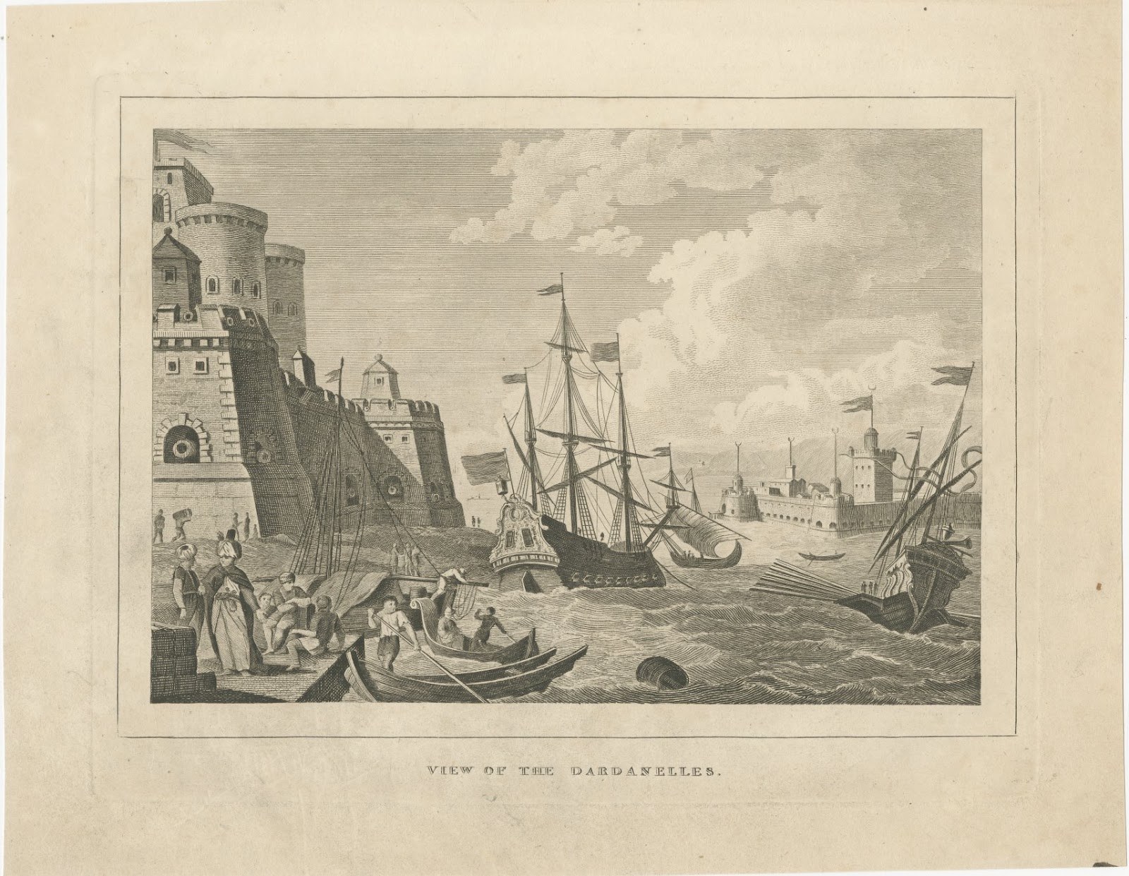 View of the Dardanelles, Ottoman Fortress, Antique Engraving, circa 1820