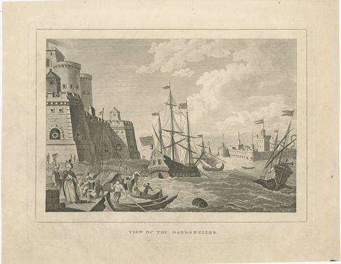 View of the Dardanelles, Ottoman Fortress, Antique Engraving, circa 1820