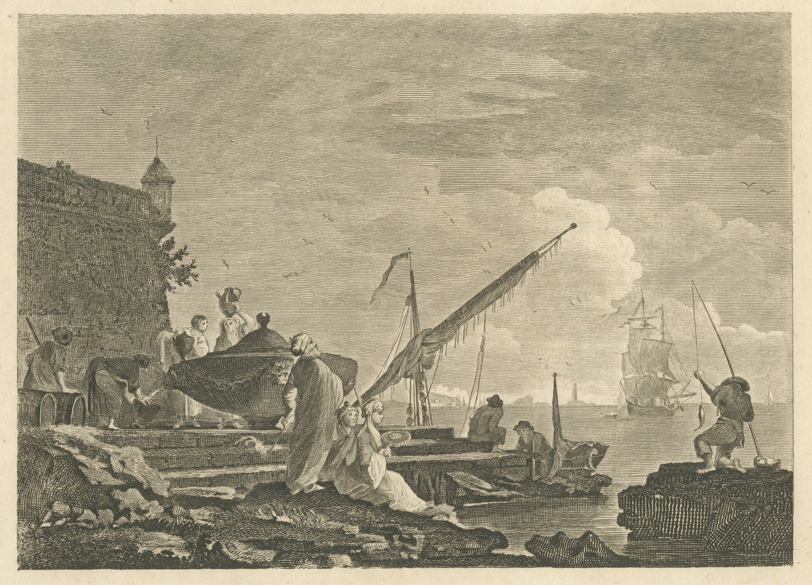 View in the Levant, Harbor Quay below a Fortress, Antique Engraving, circa 1820