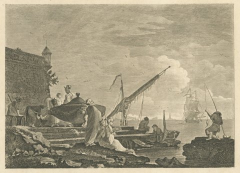 View in the Levant, Harbor Quay below a Fortress, Antique Engraving, circa 1820