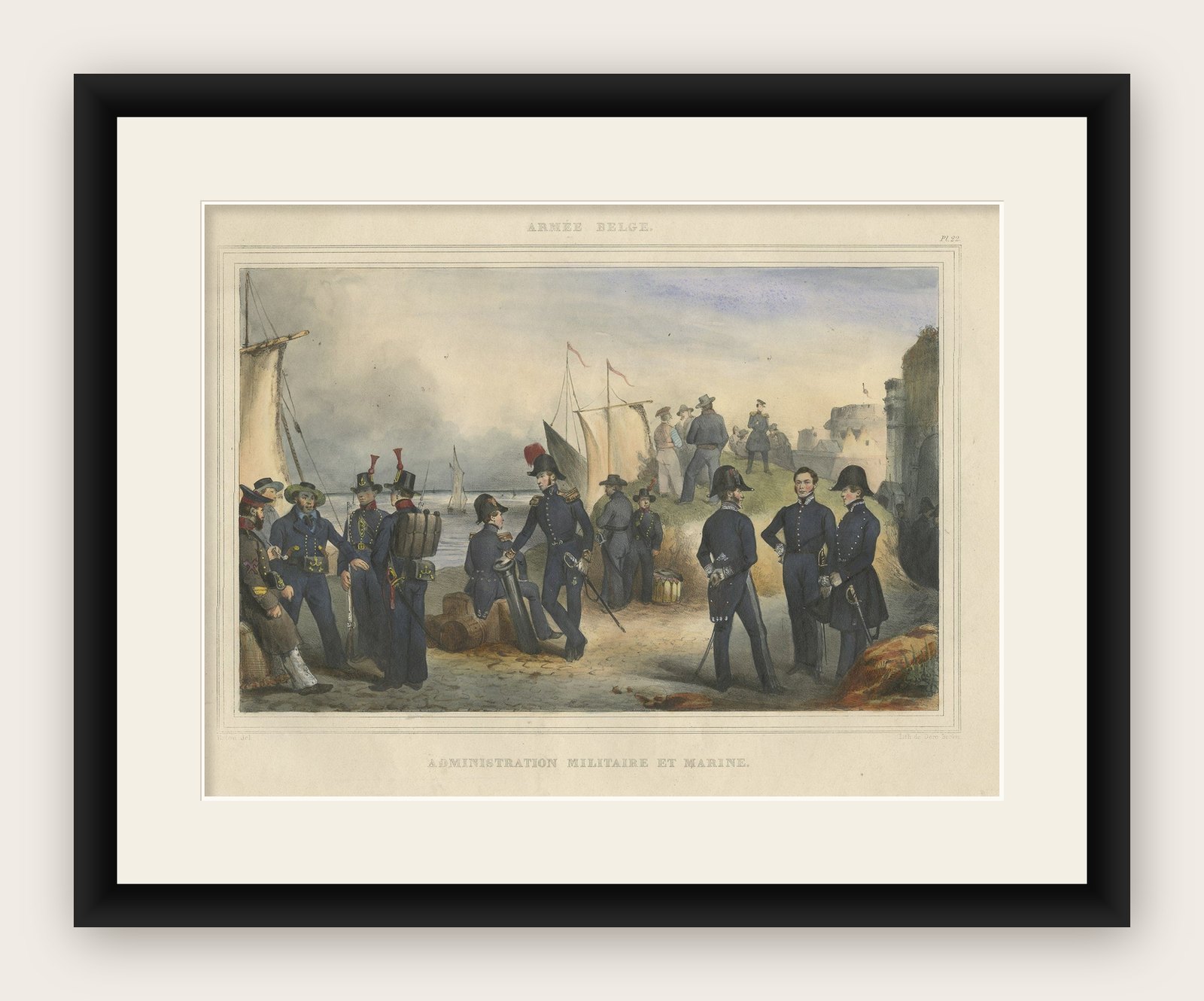 Handcolored Antique Print of the Marine Administration of the Belgium Army, 1833