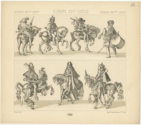 Pl 56 Antique Print of European 16th Century Battle Costumes by Racinet, view 4