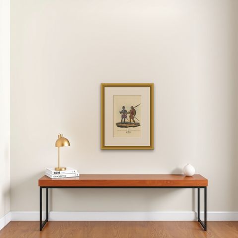 Antique Print of a Knight and Guard, 1842, shown framed on a wall