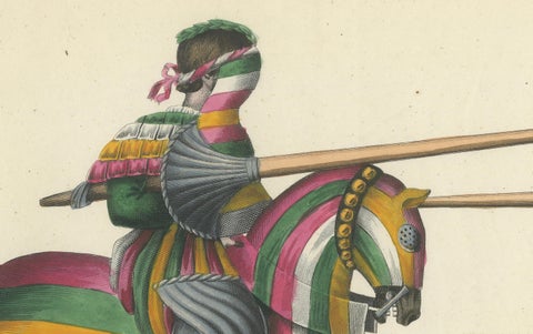 Hand-Coloured Jousting Scene with Vibrant Striped and Floral Caparisons, 1842, close-up 2