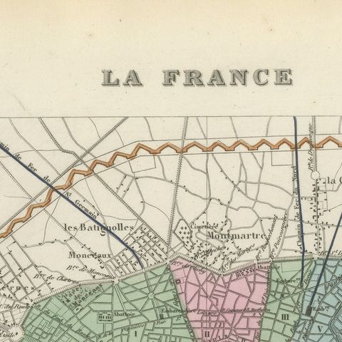 Antique Plan of Paris and its Fortified Enceinte, Vuillemin, circa 1860, close-up 1