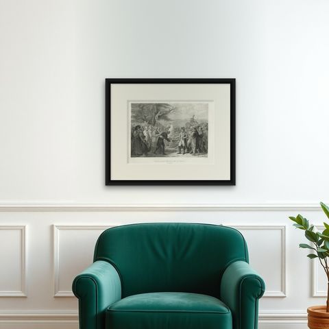 Napoleon Receives the Keys of Vienna, Antique French Engraving, circa 1840, shown framed on a wall