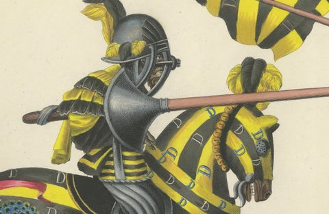 Hand-Coloured Knightly Joust Print: Vibrant Heraldic Horses and Armor, 1842, close-up 1