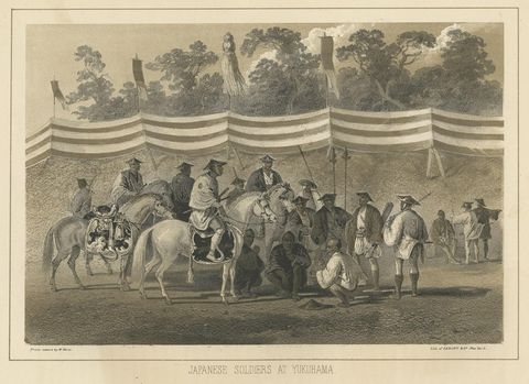 Antique Print of Japanese Soldiers in Yokohama, Japan, 1856, close-up 1