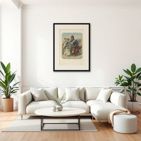 Antique Print of a French Cavalryman During the Battle of the Smala 'circa 1845', shown framed in a room