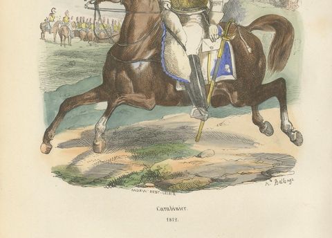 Carabinier, Napoleonic Imperial Guard cavalry, hand-colored print, Paris 1843, close-up 1