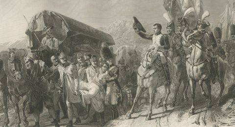 Napoleon Honors the Wounded Soldier, Antique French Engraving, circa 1840, close-up 2