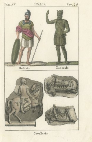 Roman Soldier, General and Cavalry Reliefs, Hand Colored Lithograph, 1842