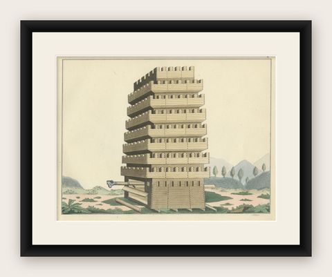 19th-Century Hand-Coloured Lithograph of a Multi-Level Medieval Siege Tower, shown framed