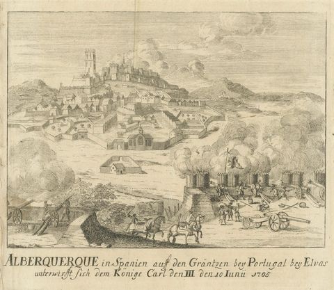 Siege of Alburquerque near Elvas, War of Spanish Succession Engraving, c.1710, close-up 1