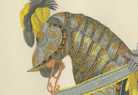Knight in Full Tournament Armor on an Elaborately Caparisoned Horse, 1842 Litho, close-up 3