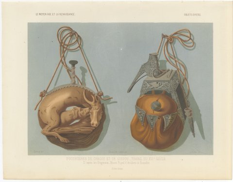 Hunting and War Powder Flasks, Brussels Artillery Museum, Antique Print, 1851, view 2
