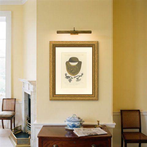 Sixteenth Century Gorget and Spurs, Soltykoff Collection, Antique Print, 1851, shown framed on a wall