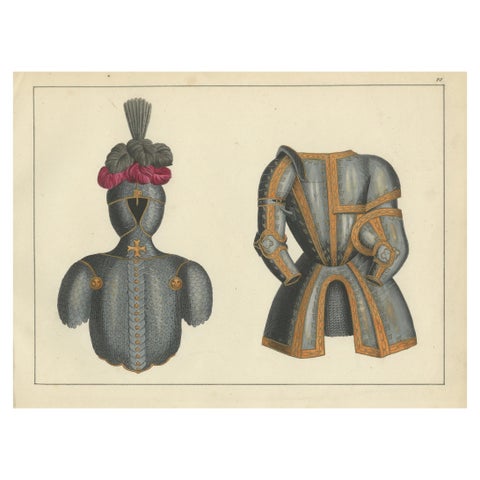 19th-Century Hand-Coloured Print of Ornate Medieval Armor and Tournament Attire