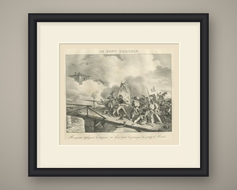 The Bridge of Arcole, the Flag of Lodi, Antique Madou Lithograph, 1827, shown framed
