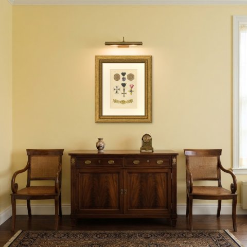 Orders of Austria, Veteran Badges and Crosses, Plate V, Wood Engraving, 1844, shown framed in a room