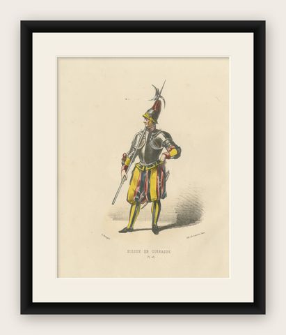 Swiss Guard in Cuirass: Handcolored Print of Ceremonial Armor, Plate 42, 1862, shown framed