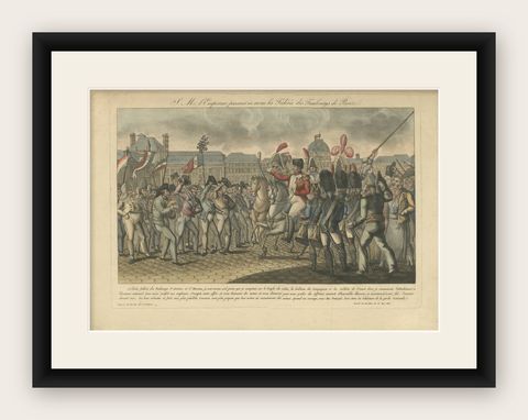 Napoleon Reviewing the Fédérés, Paris Tuileries Scene, French Engraving, 1815, shown framed