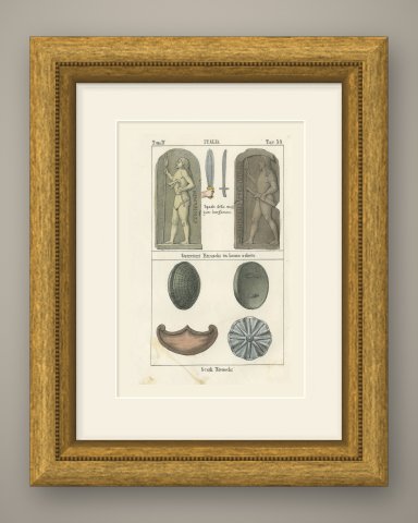 Etruscan Warriors in Relief, Swords and Shields, Hand Colored Lithograph, 1842, shown framed
