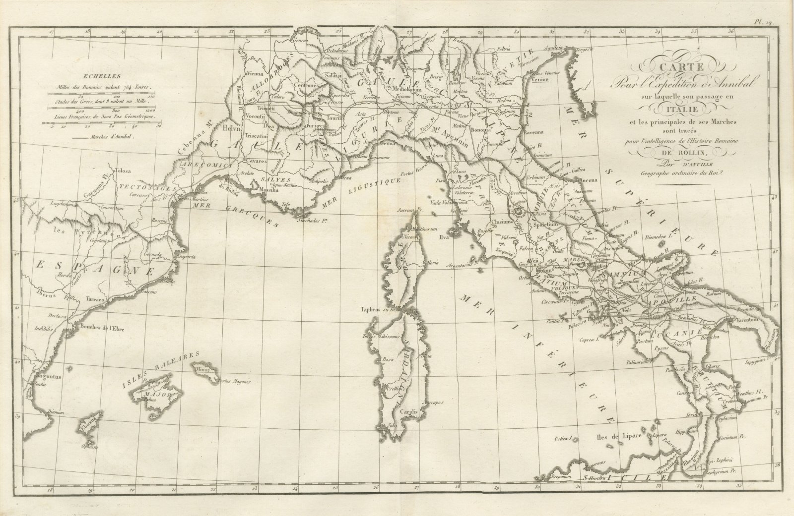 Hannibal's March into Italy, d'Anville Map for Rollin's Roman History, 1818