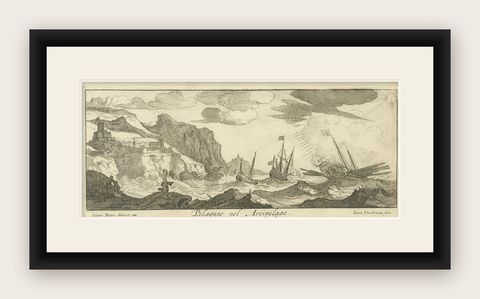 Stormy Scene in the Aegean Archipelago with Coastal Fortifications, circa 1680, shown framed