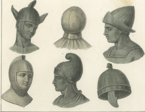 Ancient Helmets and a Bronze Warrior Hurling a Javelin, Lithograph, 1842, close-up 1