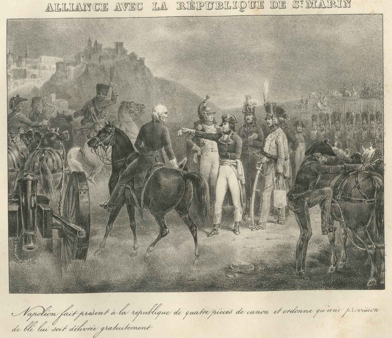 Alliance with San Marino, Four Cannon Given, Antique Madou Lithograph, 1827