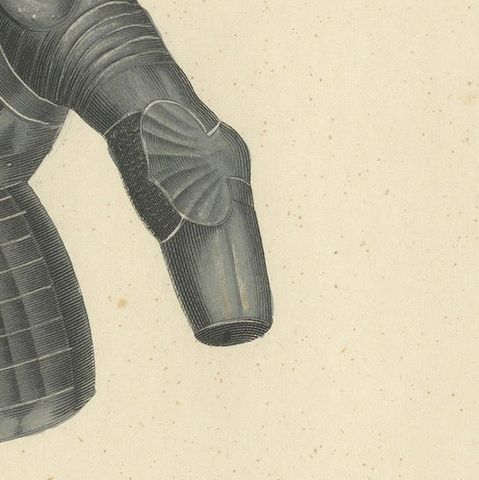19th-Century Hand-Coloured Lithograph of Medieval Plate Armor Components, close-up 4