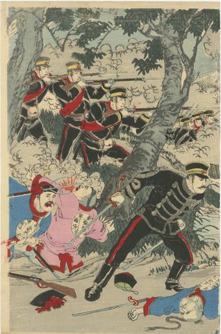 Meiji-Era Triptych of the Battle of Pyongyang in the Sino-Japanese War, 1894, view 3