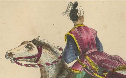 Japanese Cavalryman and General from 1844 in Wahlen's Historical Lithograph, close-up 1