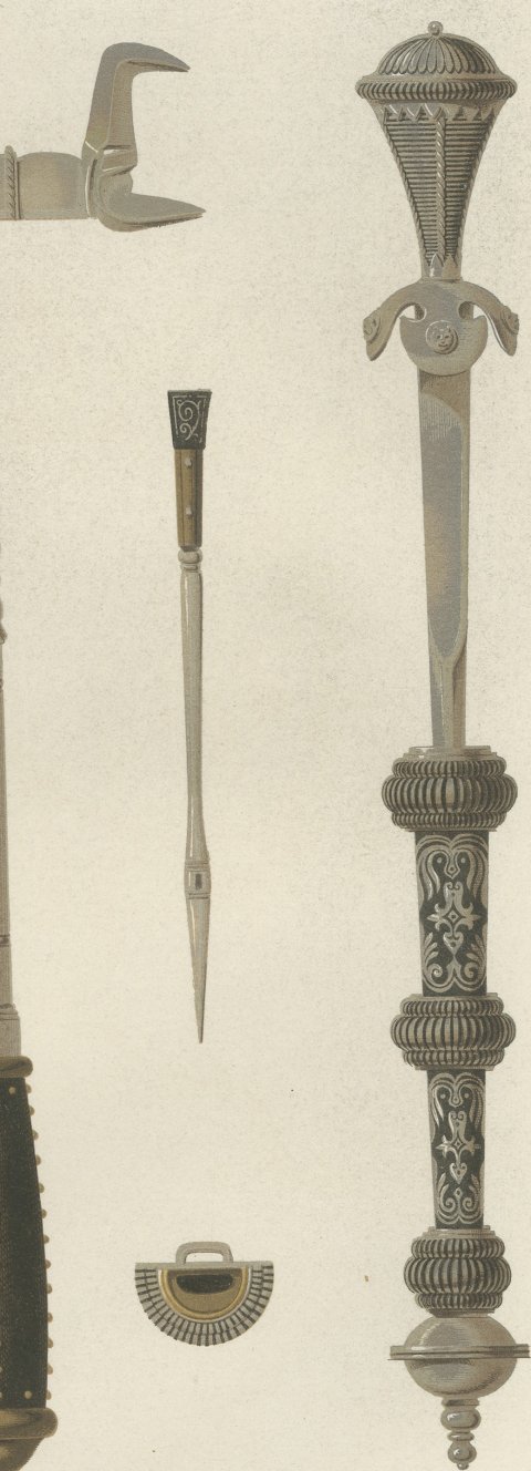 German Arms, War Hammer and Left Hand Daggers, Antique Print, 1851, close-up 3