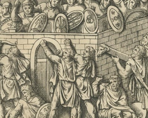 Roman Bolt Engines and a Ram Under a Shed, Montfaucon Siege Plate, 1722, close-up 1