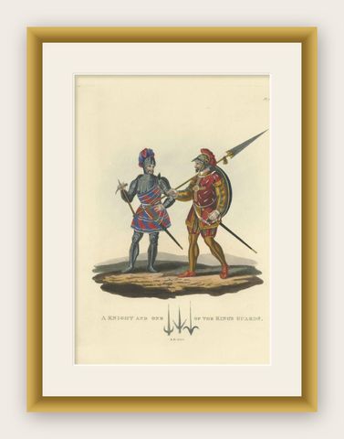 Antique Print of a Knight and Guard, 1842, shown framed