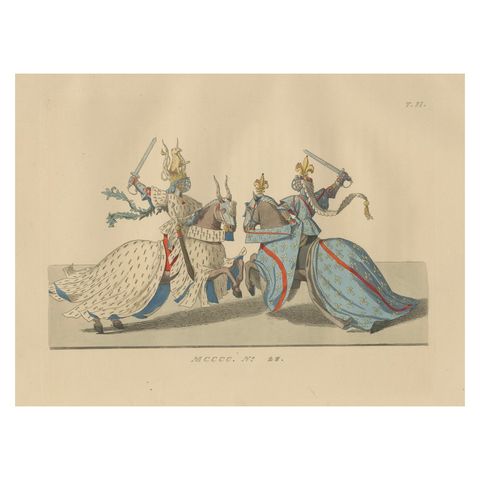 Medieval Knights in Combat, Elegant Hand-Colored Antique Print, France 1845