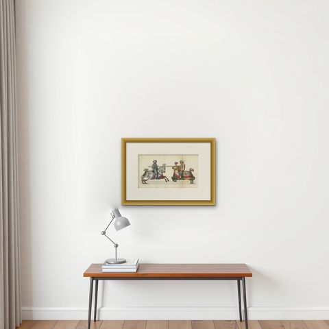 19th-Century Hand-Coloured Jousting Print: Heraldic Knights Charging in Contest, shown framed on a wall