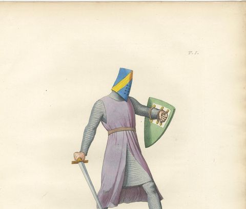 Antique Print 1845, Medieval Knight in Chainmail, Sword and Helmet, close-up 1