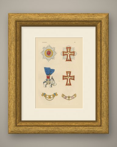 Orders of Denmark, Order of the Elephant and Dannebrog, Plate XIX, 1844, shown framed